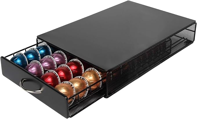FlagShip Vertuo Pod Holder Storage Drawer for Nespresso Vertuo Capsule Organizer Drawer Tray with Mesh Shelves for Nespresso Vertuo Holder Black Metal (40 Pods Capacity)