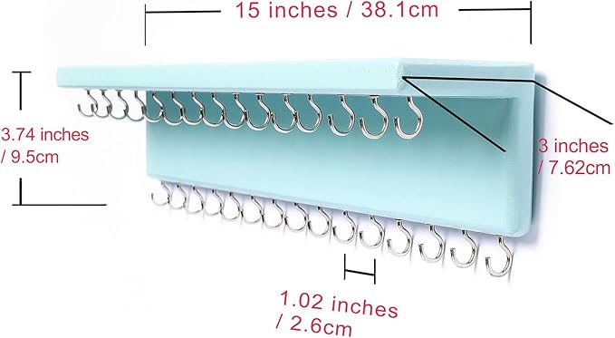 SANY DAYO HOME Jewelry Organizer with 30 Hooks and Cosmetics Shelf, 15 x 3 x 4 inches Wall Mounted Rustic Pine Wood Holder for Necklaces and Bracelets, Suitable for Kids and Adults (Aqua)