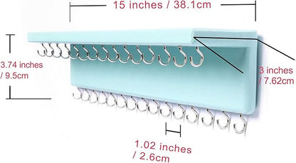 SANY DAYO HOME Jewelry Organizer with 30 Hooks and Cosmetics Shelf, 15 x 3 x 4 inches Wall Mounted Rustic Pine Wood Holder for Necklaces and Bracelets, Suitable for Kids and Adults (Aqua)