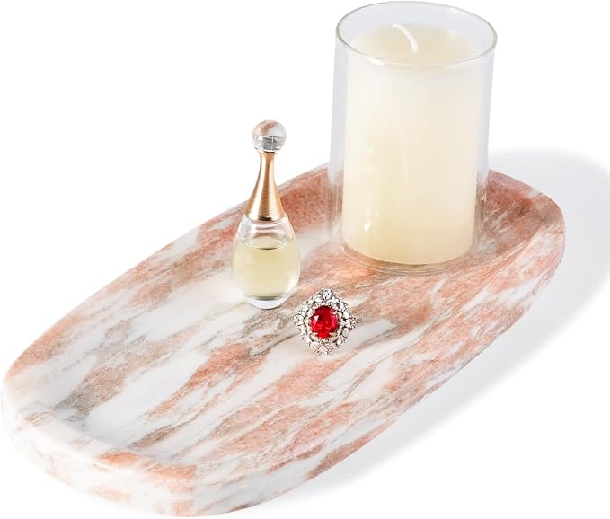 Koville Natural Marble Tray for Bathroom Countertop, Vanity Tray for Decor, Marble Bathroom Trays Stone Storage Trays for Perfume, Jewelry, Candles, Decorative Tray for Dresser Organizer(Norway Red)