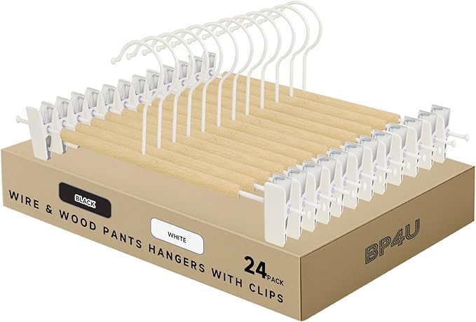24-Pack Metal Wire Pants Hangers with Adjustable Clips, Premium Wooden Skirt Hangers, Non-Slip Bottom Hangers for Trousers, Jeans, Shorts, Socks & Clothing Organization (White)