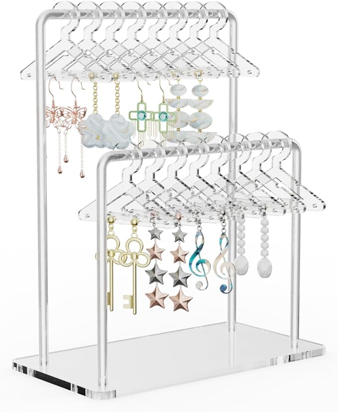 NiHome Clear Acrylic Earring Organizer Stand for Home, Store, Exhibition - Mirror-Finish 2-Tiered Display for 48 Pairs, 16 Mini Hangers Holder Tangle-Free Storage Adds Elegance to Jewelry Presentation