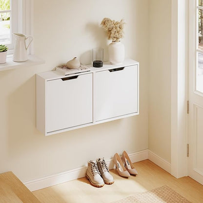 Haotian Wall Mounted Slim Shoe Cabinet for Entryway, Narrow Shoe Rack with 2 Flip Drawers, Hidden Shoe Storage Organizer, Vertical or Horizontal Mounting, Anti-Tip Design, White, FSR210-W