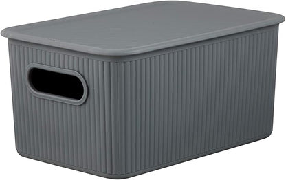 Decorative Plastic Basket Lidded Home Storage Bins Organizer Baskets, Medium Grey (1 Pack - 5 Liter) Stackable Container Box, for Organizing Closet Storage Bins for Shelves - Ribbed Collection