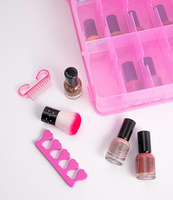 DreamGenius Nail Polish Organizer Case for 48 Bottles with 2 Nail Separators, Double Side Gel Nail Polish Holder with Adjustable Dividers, Pink