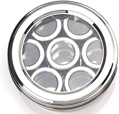 Stainless Steel Masala Box, 7 Compartments, Round Container with Lid, 20 cm, Silver