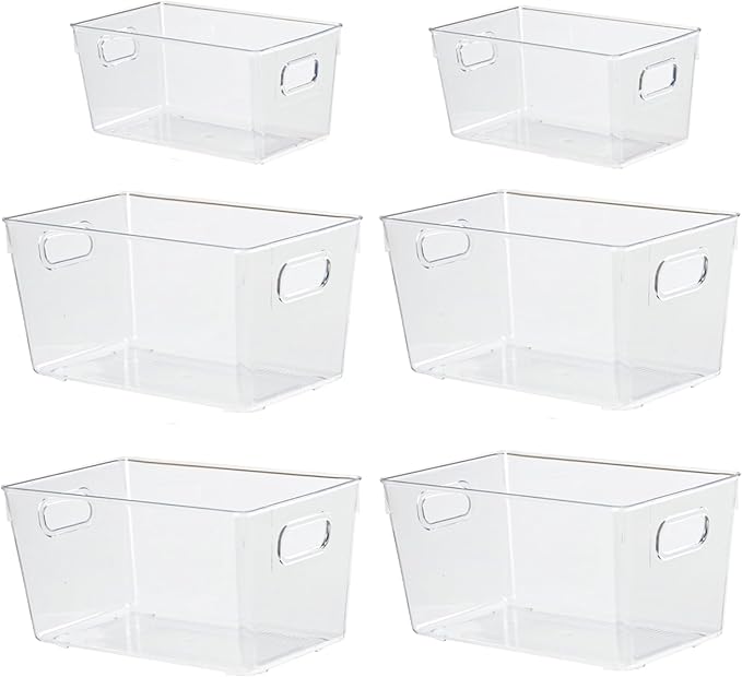 ZEXALOR 6pcs Plastic Storage Bin 2-Size Clear Storage Containers for Kitchen Pantry Organization and Storage Bins, Organizing Bins with Built in Handles, Cabinet Organizers, Clear