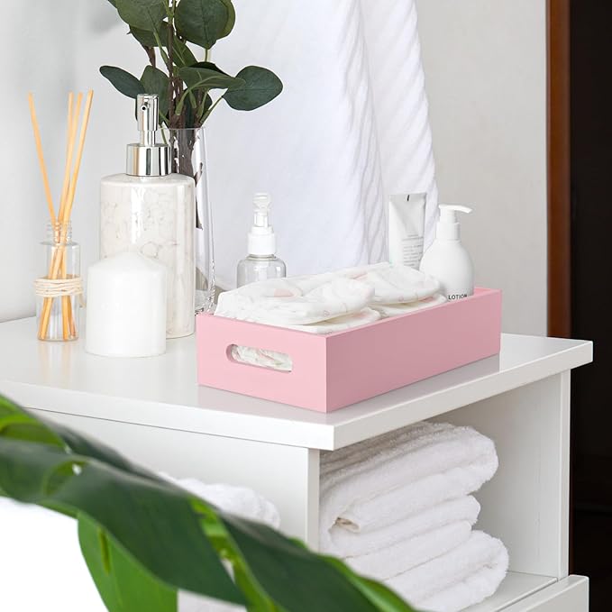ALELION Pink Bathroom Basket for Organizing - Wooden Toilet Tank Paper Basket with Handle for Back of Toilet Tank Top Organizer - Pink Kitchen Bathroom Decor Accessories
