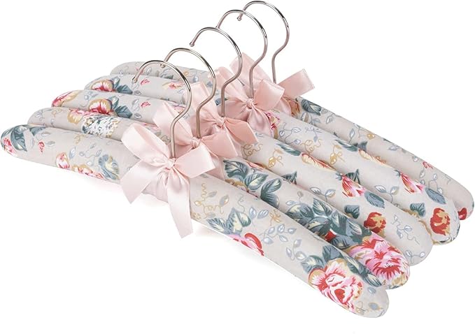 Decorative Padded Clothes Hangers, Floral Pattern with Satin Bow, Set of 5 (Rose)