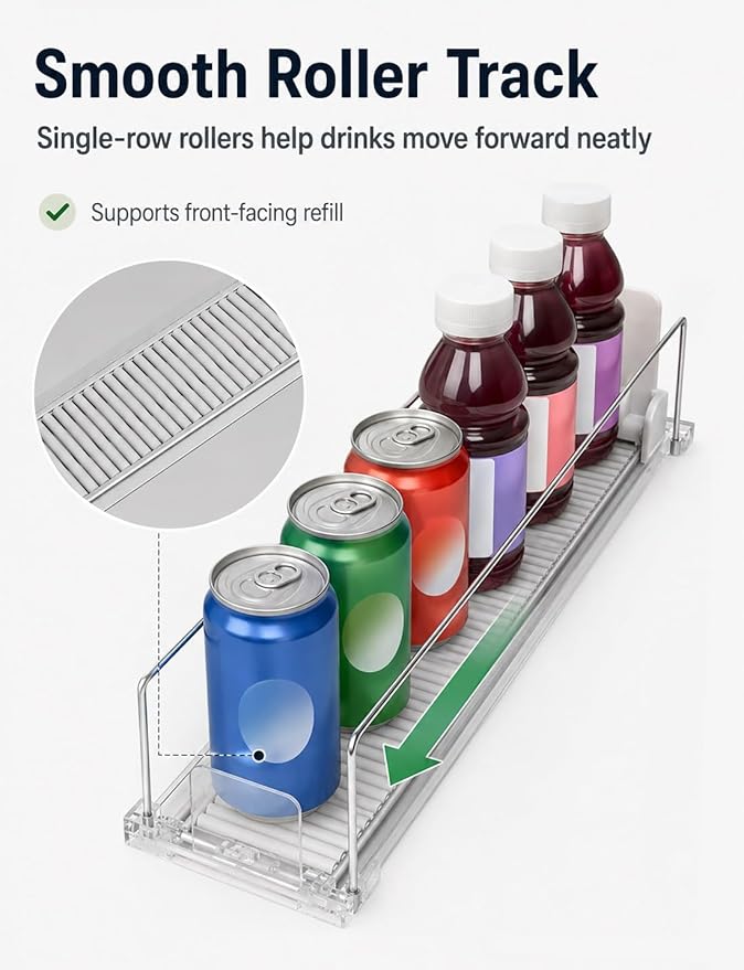 Adjustable Can Organizer for Fridge, Sliding Beverage Rack, Self-Feed Drink Storage, Front Shelf Display, Bottle and Can Holder(510 mm,3 pcs)