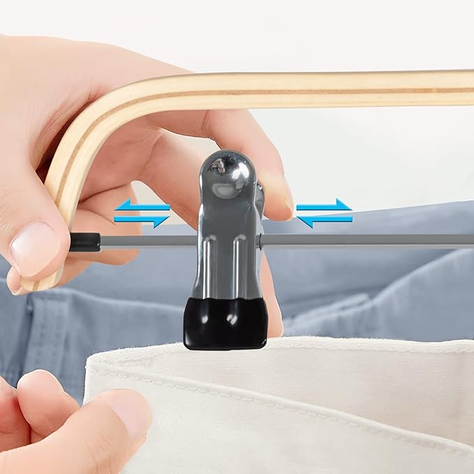 JS Hanger Wooden Pant Hangers, 5-Pack Light Weight Wood Skirt Hangers with Anti-Rust Hook and 2-Adjustable Clips