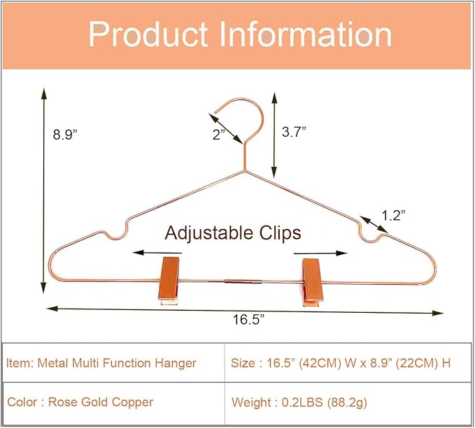 10Pack Koobay 16.5" Metal Hook Wire Rose Gold Copper Hangers with Clips Clothes Stroage Coat Hangers