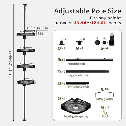 shuang qing 360° Rotating Corner Shower Caddy Tension Pole Organizer - 4-Tier Adjustable Rustproof Metal Pole, Plastic Shelves with Safety Guardrail, Bathroom Storage for Shower & Bathtub(Black)