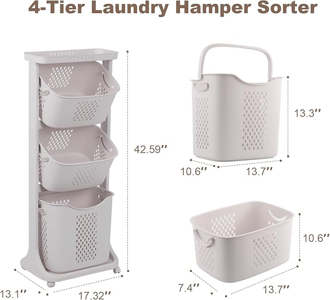 FAHKNS 3-Tier Laundry Sorter Cart with Wheels, Large 75L Capacity Hamper Organizer, Rolling Storage with Removable Mesh Bins for Laundry Use in Home, Dorm, Apartment (17.3" x 13.1" x 42.6)