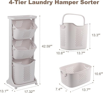 FAHKNS 3-Tier Laundry Sorter Cart with Wheels, Large 75L Capacity Hamper Organizer, Rolling Storage with Removable Mesh Bins for Laundry Use in Home, Dorm, Apartment (17.3" x 13.1" x 42.6)