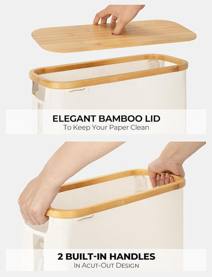 StorageWorks Large Toilet Paper Storage with Bamboo Lid, Toilet Paper Holder Basket for Up to 12 Mega or 16 Regular Size Rolls, Paper Storage Baskets for Bathroom, Beige, 1 Pack