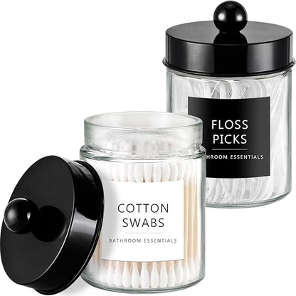 Amolliar 2 Pack Qtips Dispenser Holder - Bathroom Countertop Storage Organizer Containers - Glass Apothecary Jars with Black Plastic Lid for Q-tips Cotton Balls, Swabs, Round Pads, Floss