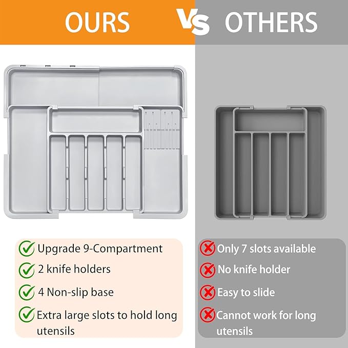 Silverware Organizer Expandable Utensil Drawer Organizer Adjustable Drawer Organizer, Flatware Cutlery Silverware Tray for Spoons Forks Knives Kitchen Organizers Storage (Gray Plus)