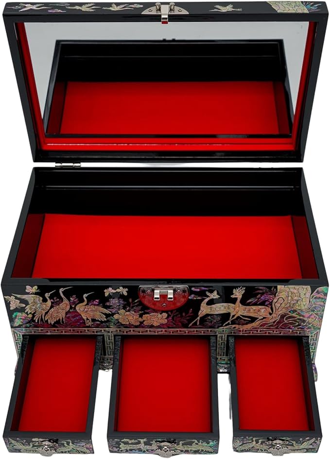 February Mountain Lockable Korean Mother-of-Pearl Jewelry Box - Najeon Chilgi Lacquerware with Crane and Floral Design, Vibrant Black Finish, Handmade (Black)