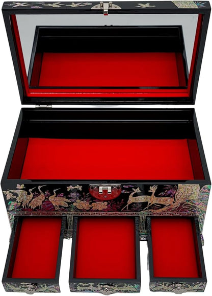 February Mountain Lockable Korean Mother-of-Pearl Jewelry Box - Najeon Chilgi Lacquerware with Crane and Floral Design, Vibrant Black Finish, Handmade (Black)