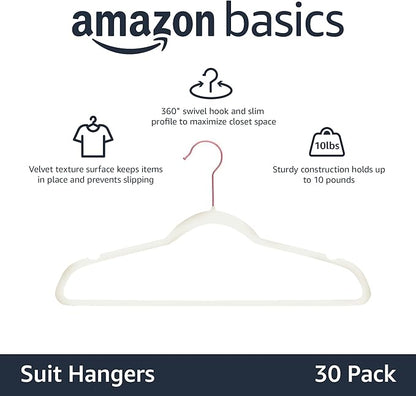 Amazon Basics Slim Velvet Non-Slip Space Saving Suit Clothes Hangers, Closet Organizer, Ivory/Rose Gold, 30-Pack
