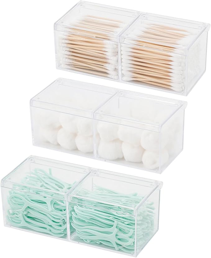 3 Pack Bathroom Canister with Divider, Plastic Vanity Drawer Storage Jars with Lid for Cotton Balls, Makeup Pads, Hair Ties, Clear Desk Drawer Container for Home Office Supplies