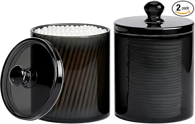 MateeyLife Storage Containers with Lids 2 Pack 10oz, Make Up Organizers for Vanity, Bathroom Organizers and Storage, Q tips for Home and Bathroom Decor, Makeup Holder Set Accessories (Black)