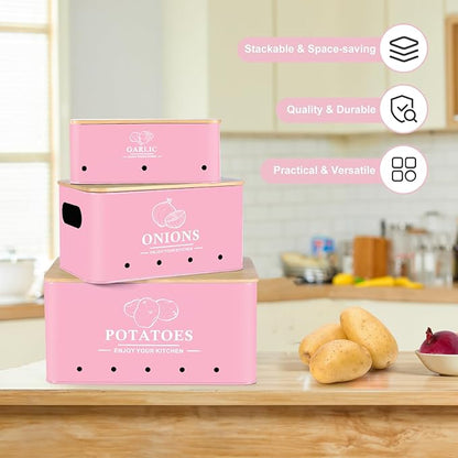 Kitchen Vegetable Storage Set of 3, Metal Onion Garlic Potato Storage Set, Kitchen Canisters Vegetable Keeper Containers with Aerating Holes and Wooden Lid (Pink)