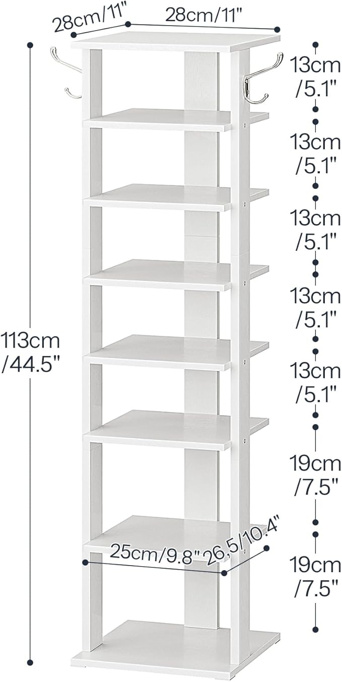 HOOBRO 8 Tiers Vertical Shoe Rack, Wooden Shoe Storage Organizer with Hooks, Narrow Shoe Tower for 8 Pairs, Space Saving, for Entryway, Living Room, Bedroom, White WT07XJ01G1