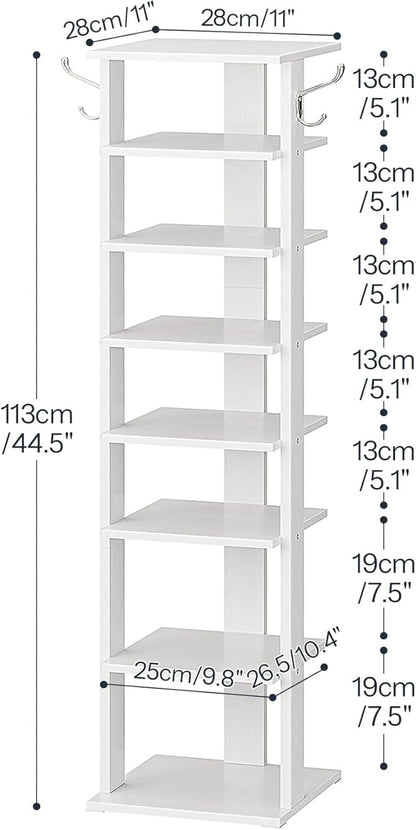 HOOBRO 8 Tiers Vertical Shoe Rack, Wooden Shoe Storage Organizer with Hooks, Narrow Shoe Tower for 8 Pairs, Space Saving, for Entryway, Living Room, Bedroom, White WT07XJ01G1