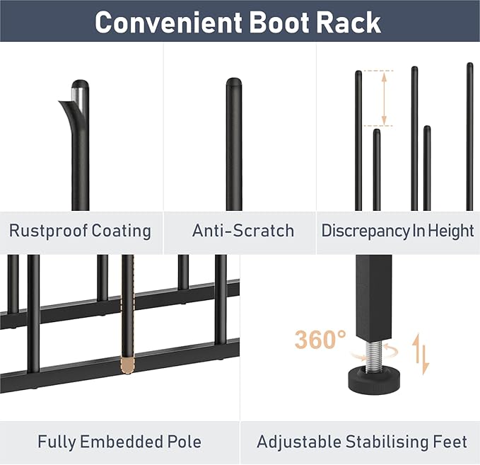 DIMJ Free Standing Shoe Racks - 4-Tier Boot Rack, Black Metal Boot Storage Organizer Tall Boots Organizer for Closet, Multiuse Shoe Rack for Boots, Sneakers,Fit for 6 Pairs Boots, Black