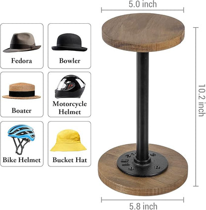 MyGift 2 Pcs Hat Holder Stand, Cowboy Hat Rack, Baseball Cap Organizer Storage with Industrial Metal Pipe, Wig or Jewelry Display Riser, Natural Acacia Wood