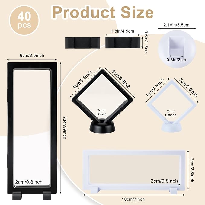 40 PCS Floating Display Case, 3D Challenge Coin Display Holder Frames with Stands, Transparent PE Jewelry Storage Box for Butterfly, Medallion, Shells, Gems, Pins, Specimen (Black, White)