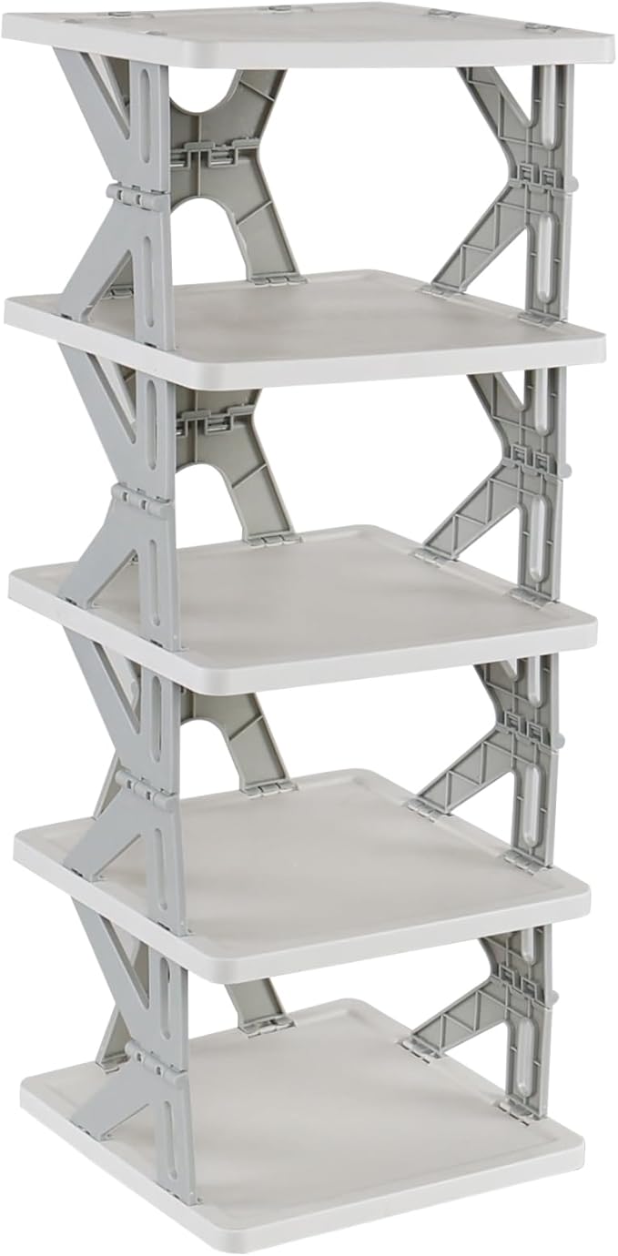 5-Tier Plastic Collapsible Shoe Rack, Small Vertical Shoe Organizer, Gray