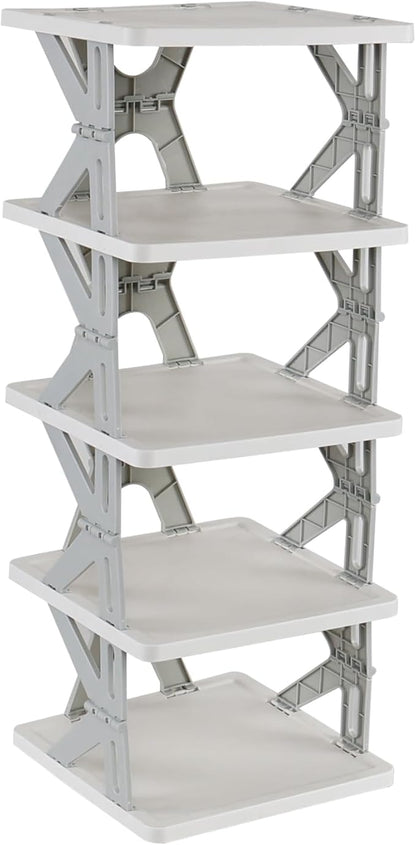 5-Tier Plastic Collapsible Shoe Rack, Small Vertical Shoe Organizer, Gray