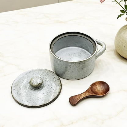 Ceramic Salt Cellar With Lid & Spoon,12oz Salt Container For Countertop,Sugar Bowl,Spice Jar(Gray B)