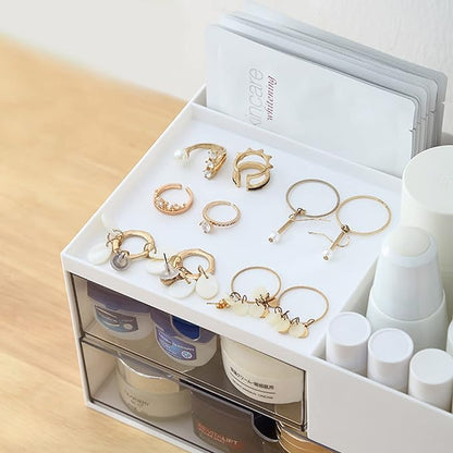 MILULUGO Makeup Organizer with 2 Drawers, Desk Organizer, 4 Compartments, Cosmetics Storage Box for nail polish,Lipstick, Brushes, Jewelry, Skincare, Bathroom Organization Boxes - White
