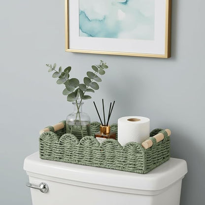 CubesLand Toilet Paper Storage Basket Organizer, Small Wicker Toilet Tank Top Decorative Baskets for Countertop, Handwoven Scalloped Basket w/handle for Home Decor, Living Room, Bedroom, Green