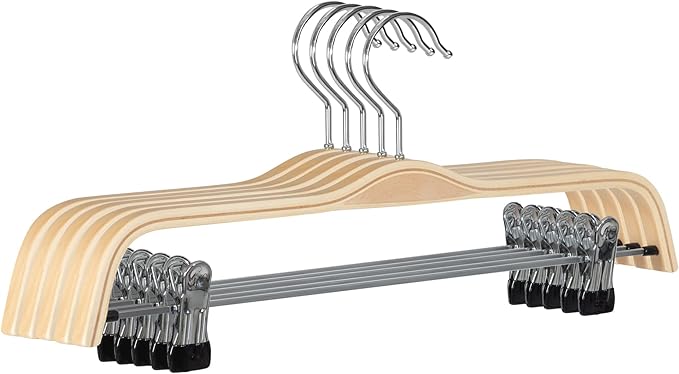 JS Hanger Wooden Pant Hangers, 5-Pack Light Weight Wood Skirt Hangers with Anti-Rust Hook and 2-Adjustable Clips
