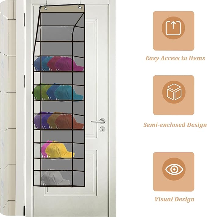 Over the Door Hat Rack Organizer for Daseball Caps, 6-Shelf Clear Baseball Hat Storage Organizer for Closet Wall Door, Hat Holder with 2 Hooks (Grey)