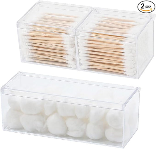 2 Pack Qtip Holder Dispenser with Lid , Plastic Bathroom Vanity Canister for Counter, Drawer and Cabinet Use, Cotton Balls, Makeup Pads, Floss Picks, Clear Desk Container