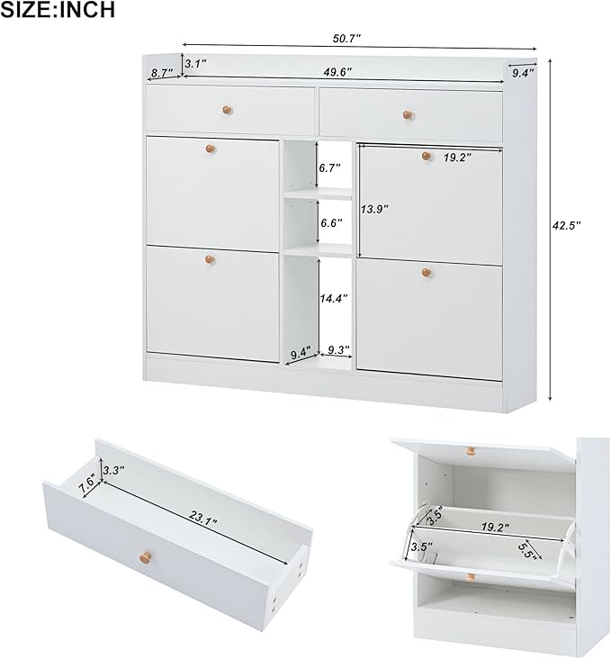 JIVOIT 2-Tier Shoe Storage Organizer, Modern Wooden Shoe Cabinet with 4 Flip Drawers, Multifunctional Free Standing Shoe Rack for Entrance Hallway Small Spaces (White+4 Flip Drawers)