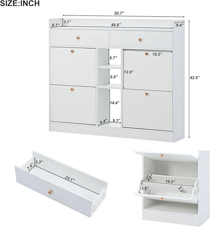 JIVOIT 2-Tier Shoe Storage Organizer, Modern Wooden Shoe Cabinet with 4 Flip Drawers, Multifunctional Free Standing Shoe Rack for Entrance Hallway Small Spaces (White+4 Flip Drawers)