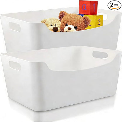 Ytteve 2 Pack Large Plastic Storage Bins with Handles, 13.7x10.2x5.7 Inch White Organizer Containers for Kitchen, Pantry, Closet, Bathroom, Office, Cabinet, Drawer, Snack, Toy & Makeup Organization
