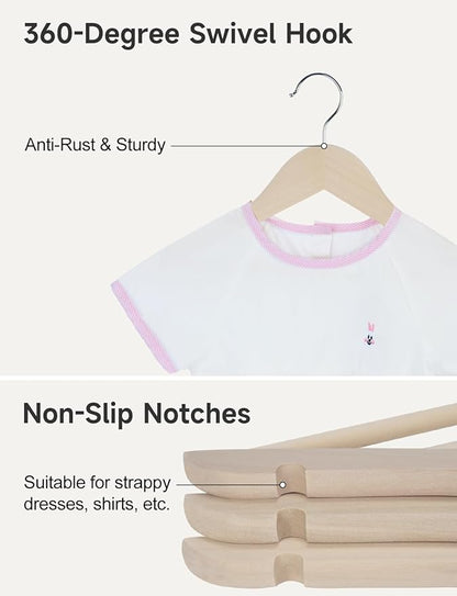 StorageWorks Baby Hangers 20 Pack, Lotus Wood Clothes Organizer for Toddler, Kids Wooden Hanger with Pant Bar for Closet, Natural Lotus Wood Color