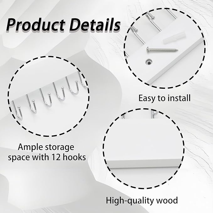 2 PCS White Hanging Jewelry Organizer, Wooden Wall Mounted Necklace Holder with 28 Hooks, Jewelry Display Hangers, Coat Rack Belt Organizer for Bags, Ties, Keys(White)