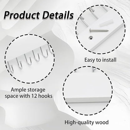 2 PCS White Hanging Jewelry Organizer, Wooden Wall Mounted Necklace Holder with 28 Hooks, Jewelry Display Hangers, Coat Rack Belt Organizer for Bags, Ties, Keys(White)