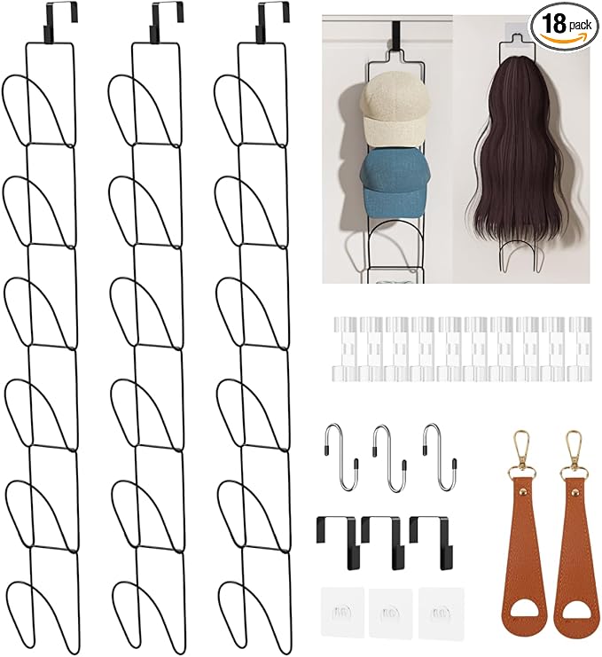 18 Pack Over The Door Hat Organizer for baseball caps | Multi-Functional Baseball Hat Rack for Closet | Wall Mounted Hat s torage organizer | 5 types of accessories cap holder stand w hooks ,Black