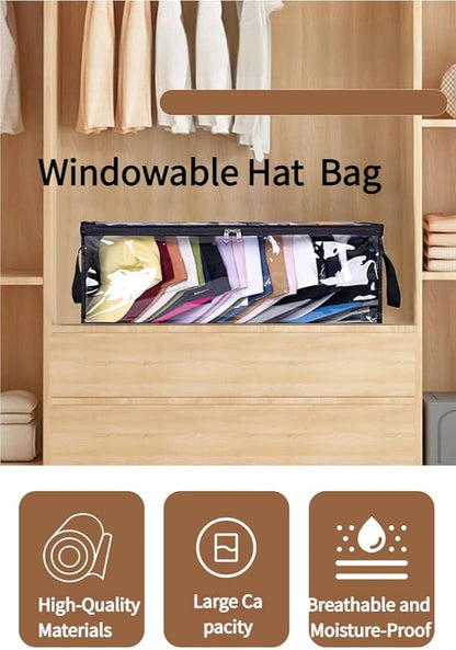 Transparent Non-Woven Hat Storage Foldable Bag – Large Capacity Cap Organizer with Handle for Baseball Hats, Beanies & Cowboy Hats (Black,16.1 x 5.5 x 19.7 Inch)