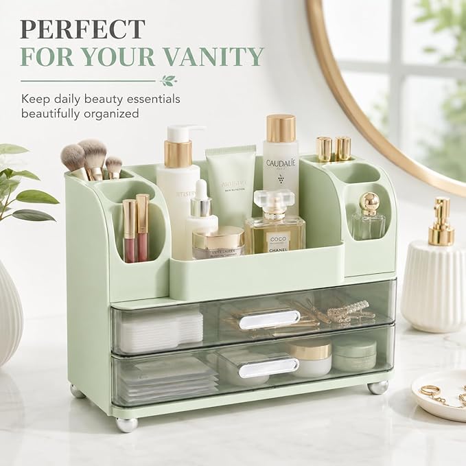 Makeup Organizer with 2 Drawers, Cosmetic Display Case, Storage Holder for Vanity, Bathroom Counter, Desk, Beauty Supplies (Green)